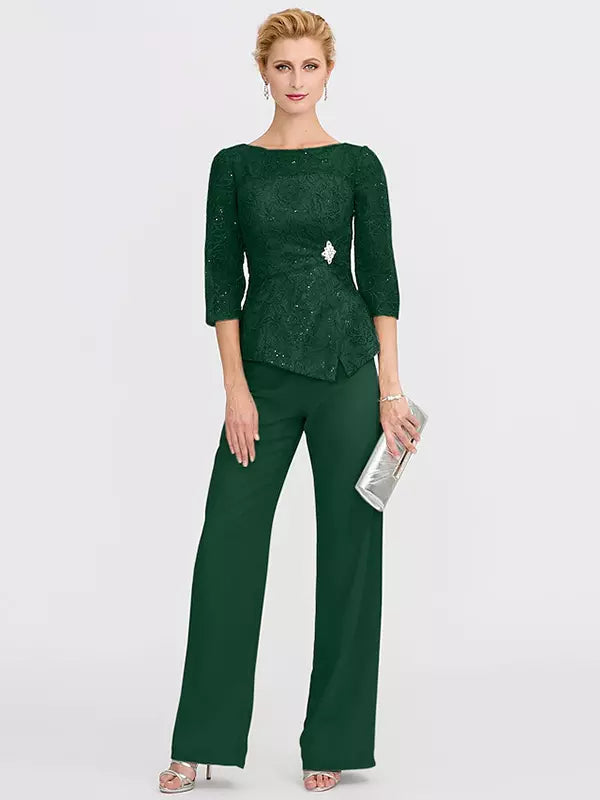 Mother Of The Bride Illusion Neckline 3/4 Length Sleeves Two-piece Lace Floor-Length Guest Dresses