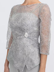 Mother Of The Bride Illusion Neckline 3/4 Length Sleeves Two-piece Lace Floor-Length Guest Dresses