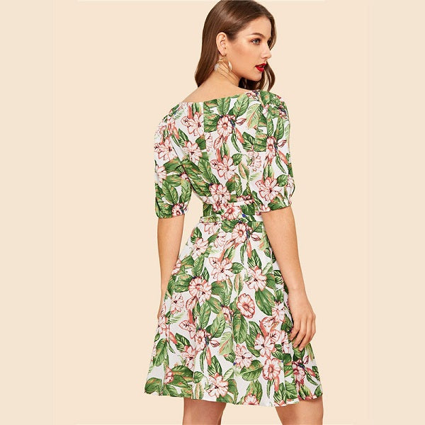 Casual Floral Print Puff Sleeve A Line Belted Mini Dress