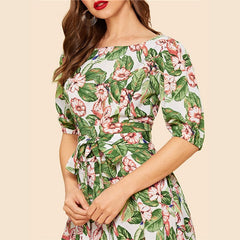 Casual Floral Print Puff Sleeve A Line Belted Mini Dress