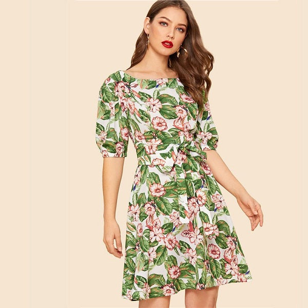 Casual Floral Print Puff Sleeve A Line Belted Mini Dress