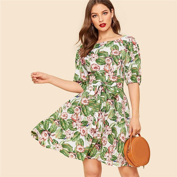 Casual Floral Print Puff Sleeve A Line Belted Mini Dress