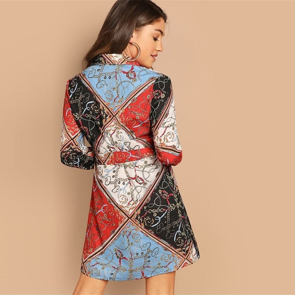 Multicolor Collar Scarf Print Self Belted Shift Short Dressh