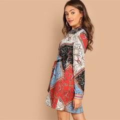 Multicolor Collar Scarf Print Self Belted Shift Short Dressh