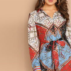Multicolor Collar Scarf Print Self Belted Shift Short Dressh