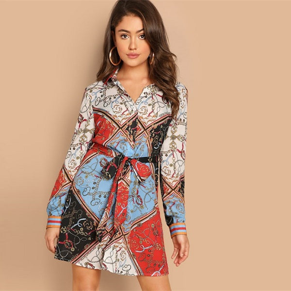 Multicolor Collar Scarf Print Self Belted Shift Short Dressh