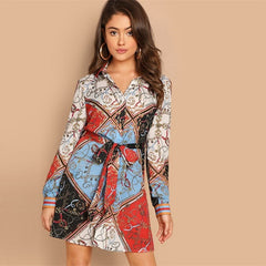 Multicolor Collar Scarf Print Self Belted Shift Short Dressh