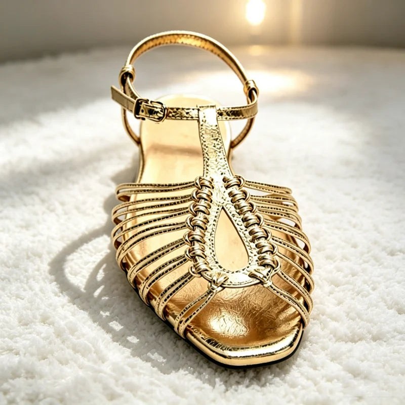 Cage Flat Sandals Metallic Finish Ankle Strap Buckle Gladiator Sandals for Girls Luxury Designer Shoes