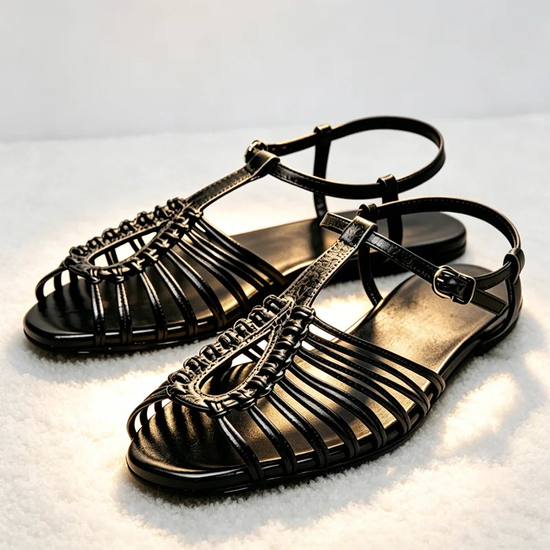 Cage Flat Sandals Metallic Finish Ankle Strap Buckle Gladiator Sandals for Girls Luxury Designer Shoes