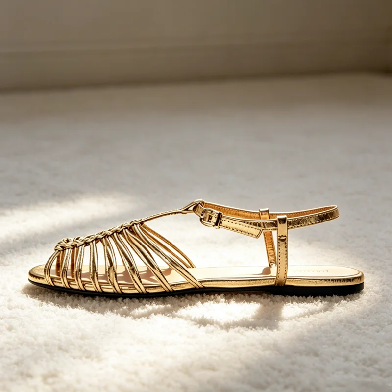 Cage Flat Sandals Metallic Finish Ankle Strap Buckle Gladiator Sandals for Girls Luxury Designer Shoes