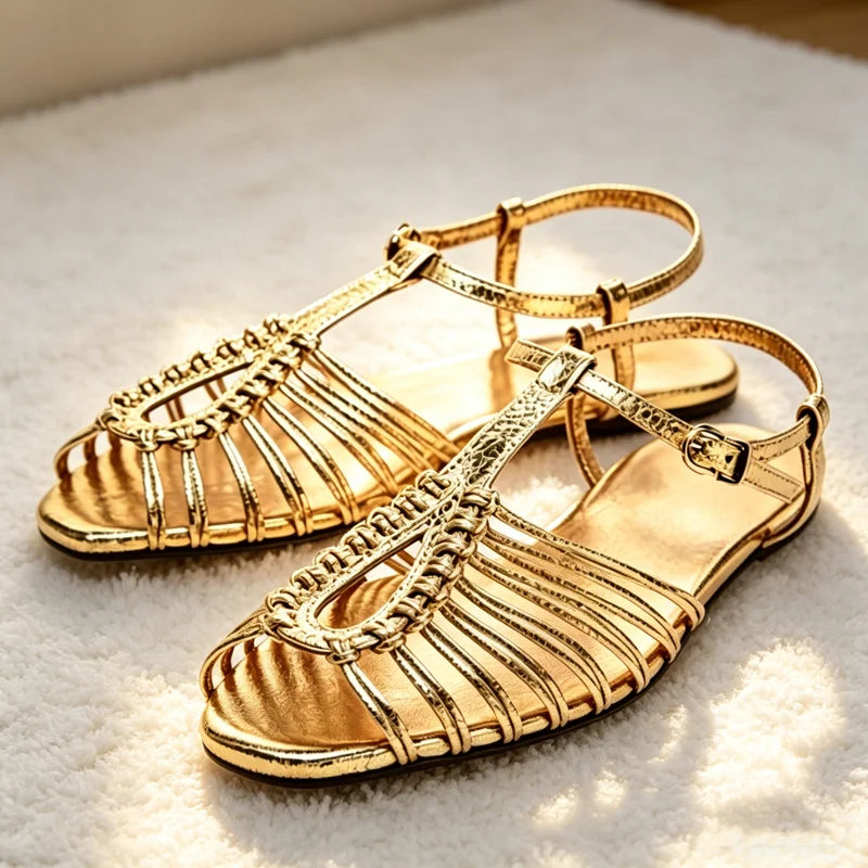 Cage Flat Sandals Metallic Finish Ankle Strap Buckle Gladiator Sandals for Girls Luxury Designer Shoes