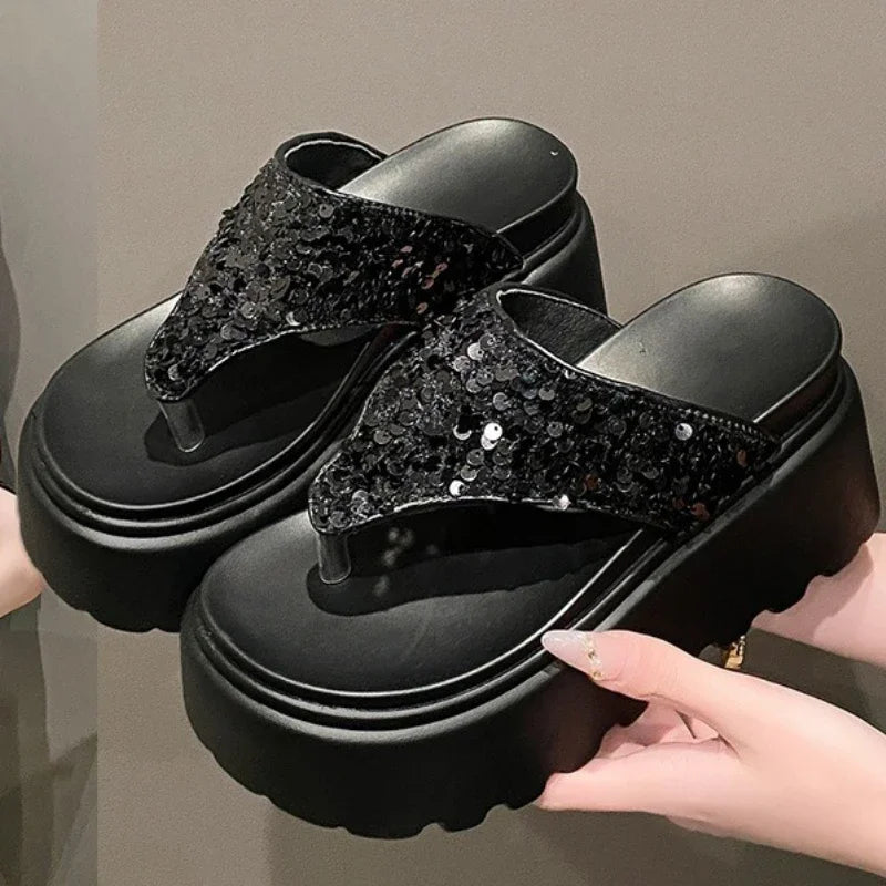 8 Cm Waterproof Platform Bling Designer Brand Flip-flops Clip Toe Platform Sandals Comfortable Beach Shoes