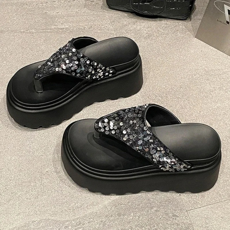 8 Cm Waterproof Platform Bling Designer Brand Flip-flops Clip Toe Platform Sandals Comfortable Beach Shoes