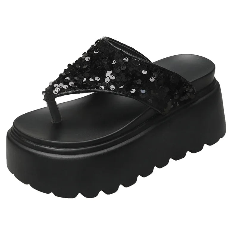 8 Cm Waterproof Platform Bling Designer Brand Flip-flops Clip Toe Platform Sandals Comfortable Beach Shoes