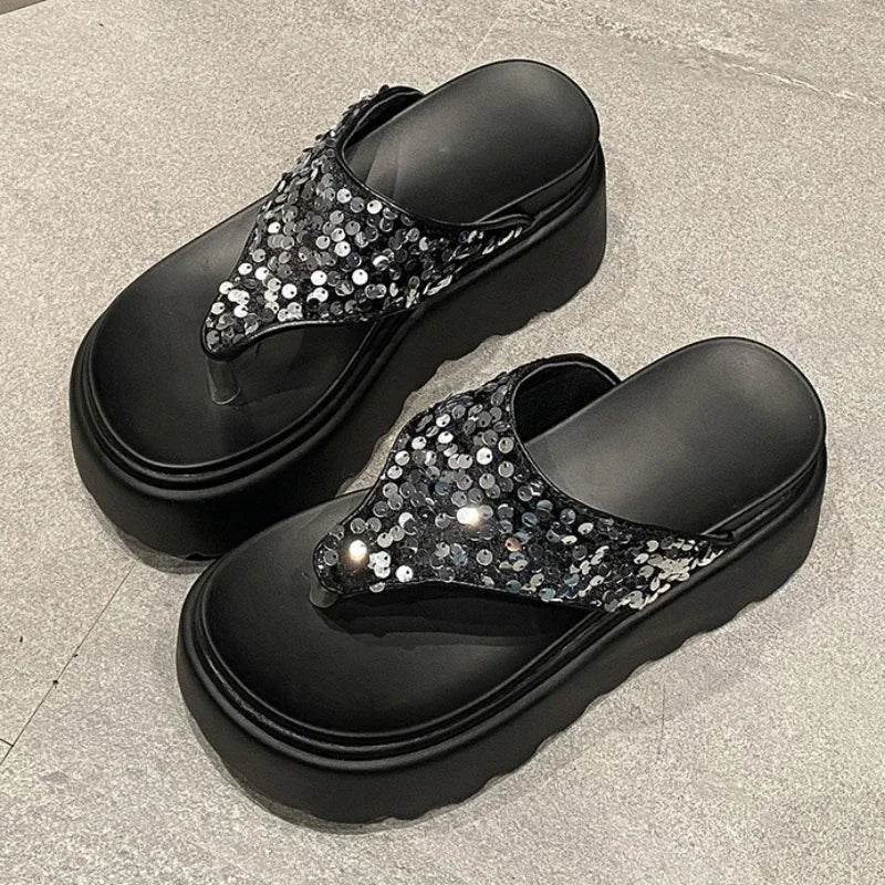 8 Cm Waterproof Platform Bling Designer Brand Flip-flops Clip Toe Platform Sandals Comfortable Beach Shoes