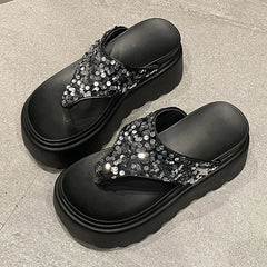 8 Cm Waterproof Platform Bling Designer Brand Flip-flops Clip Toe Platform Sandals Comfortable Beach Shoes