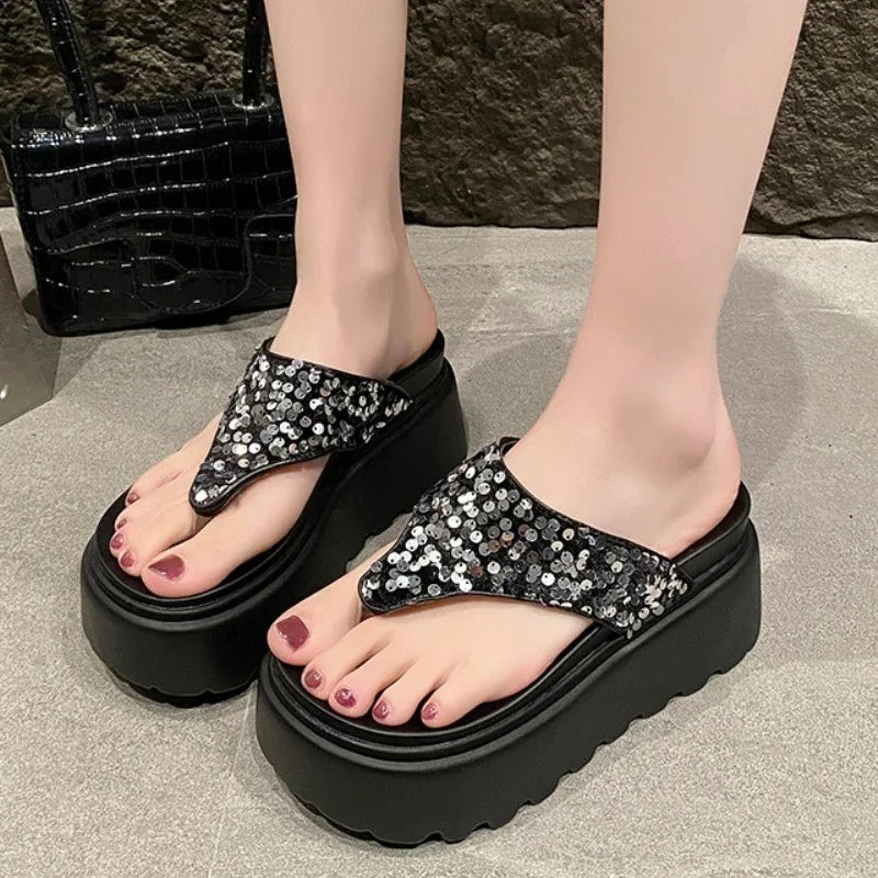 8 Cm Waterproof Platform Bling Designer Brand Flip-flops Clip Toe Platform Sandals Comfortable Beach Shoes