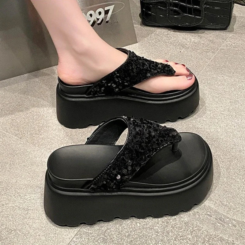 8 Cm Waterproof Platform Bling Designer Brand Flip-flops Clip Toe Platform Sandals Comfortable Beach Shoes