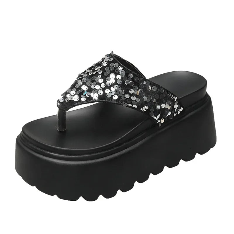 8 Cm Waterproof Platform Bling Designer Brand Flip-flops Clip Toe Platform Sandals Comfortable Beach Shoes