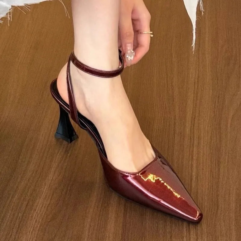 Ankle Buckle Strap Pumps Designer Narrow Band Pointed Toe Thin Low Heel