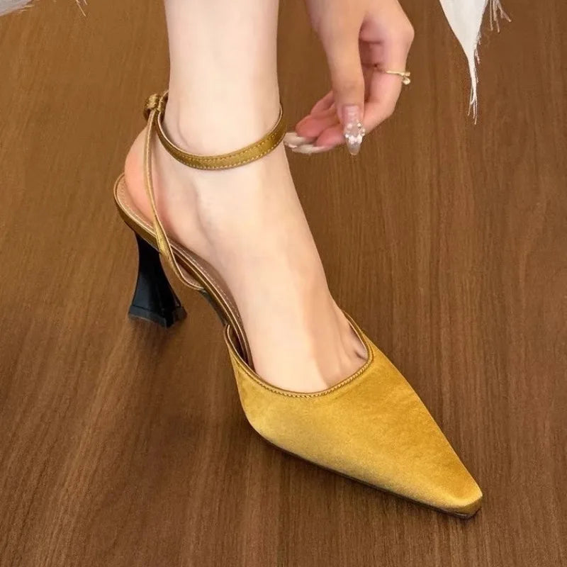 Ankle Buckle Strap Pumps Designer Narrow Band Pointed Toe Thin Low Heel