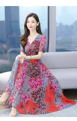 Arrival Short Sleeve Flower Printed Chiffon Long Beach Dress
