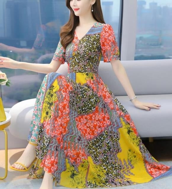 Arrival Short Sleeve Flower Printed Chiffon Long Beach Dress