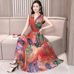 Arrival Sleeveless Flower Printed Chiffon Long Dress