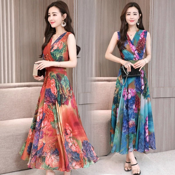 Arrival Sleeveless Flower Printed Chiffon Long Dress