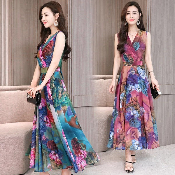 Arrival Sleeveless Flower Printed Chiffon Long Dress
