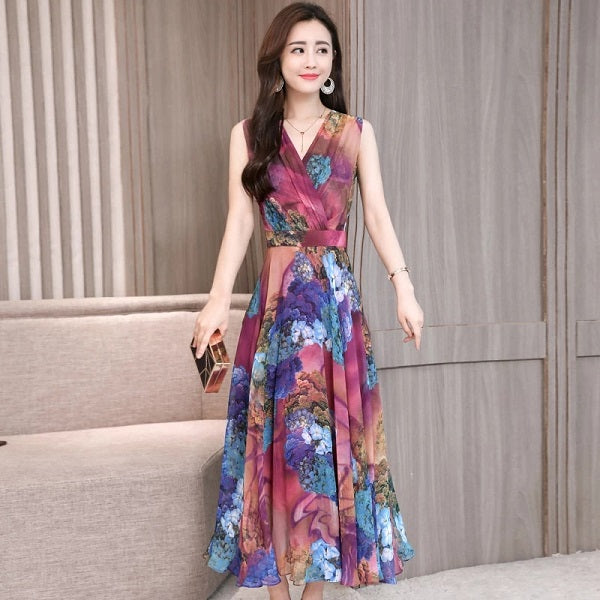 Arrival Sleeveless Flower Printed Chiffon Long Dress