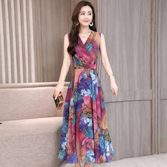 Arrival Sleeveless Flower Printed Chiffon Long Dress