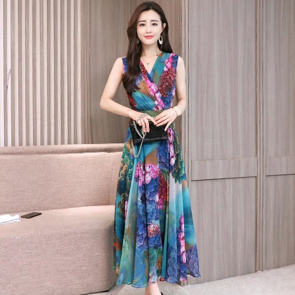 Arrival Sleeveless Flower Printed Chiffon Long Dress