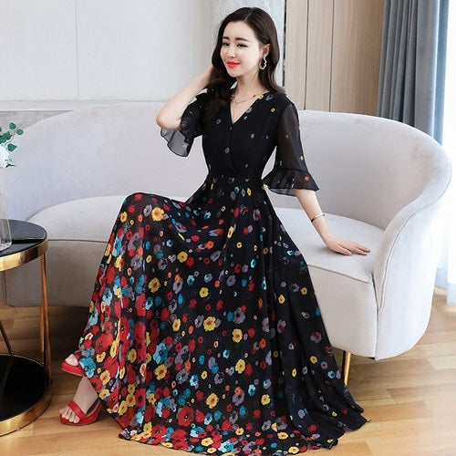Arrival V Collar Flower Printed Chiffon Long Dress