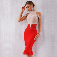 Feather Off Shoulder Club Bead Party Bandage Bodycon Dress