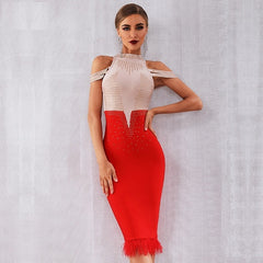 Feather Off Shoulder Club Bead Party Bandage Bodycon Dress
