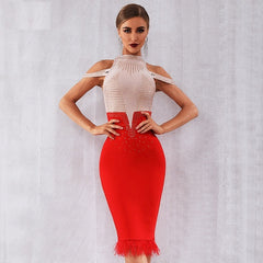 Feather Off Shoulder Club Bead Party Bandage Bodycon Dress