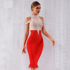 Feather Off Shoulder Club Bead Party Bandage Bodycon Dress