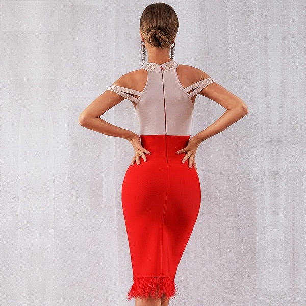 Feather Off Shoulder Club Bead Party Bandage Bodycon Dress