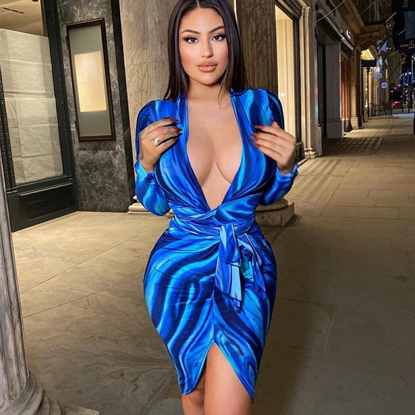 Blocking Graphic Printed V-neck Bandage Slim Dress
