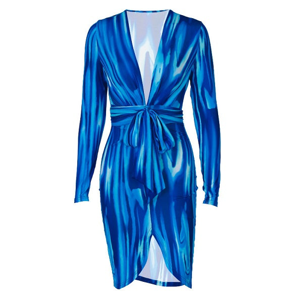 Blocking Graphic Printed V-neck Bandage Slim Dress