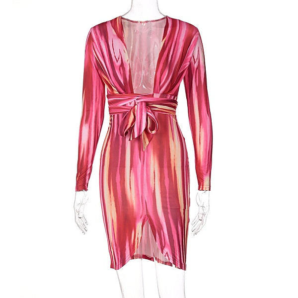 Blocking Graphic Printed V-neck Bandage Slim Dress