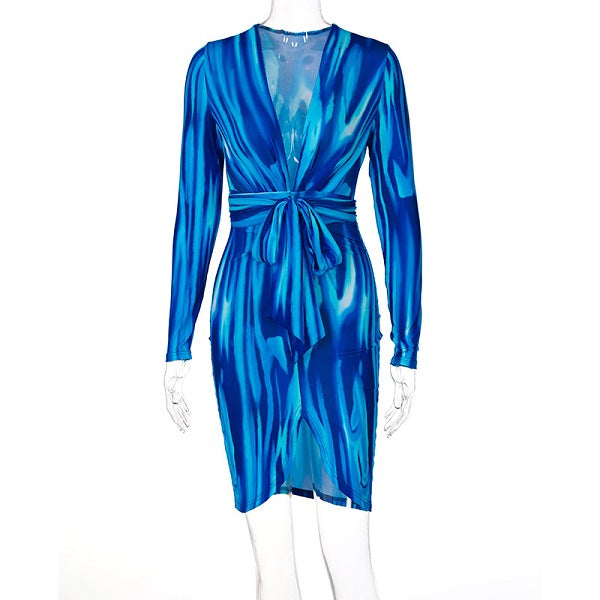 Blocking Graphic Printed V-neck Bandage Slim Dress