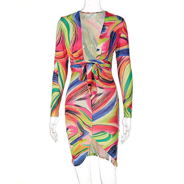 Blocking Graphic Printed V-neck Bandage Slim Dress