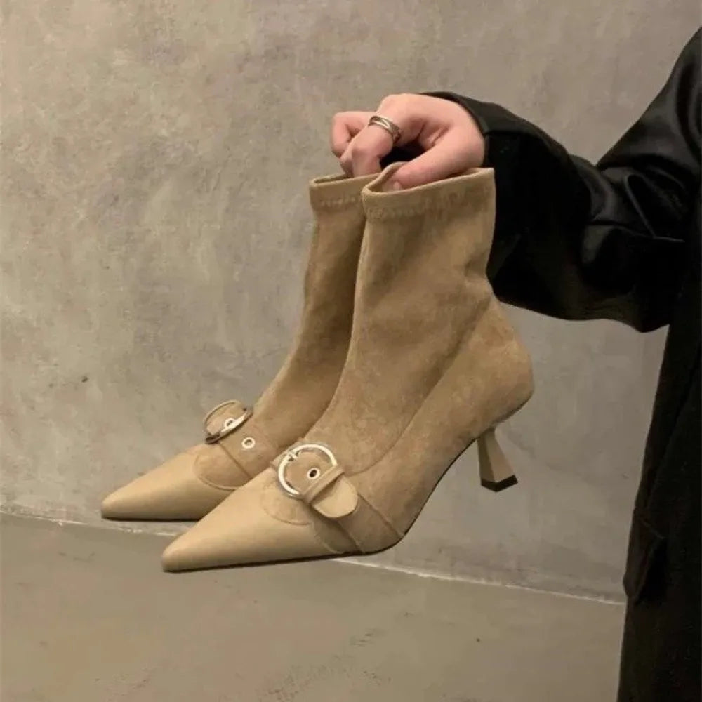 Design Belt Buckle Ankle Boot Pointed Toe Zipper Thin Low Heel