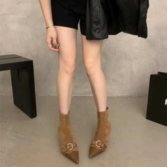 Design Belt Buckle Ankle Boot Pointed Toe Zipper Thin Low Heel