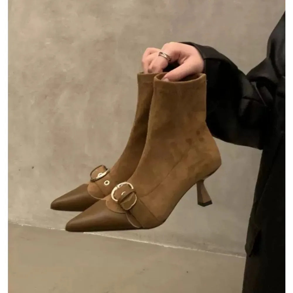 Design Belt Buckle Ankle Boot Pointed Toe Zipper Thin Low Heel
