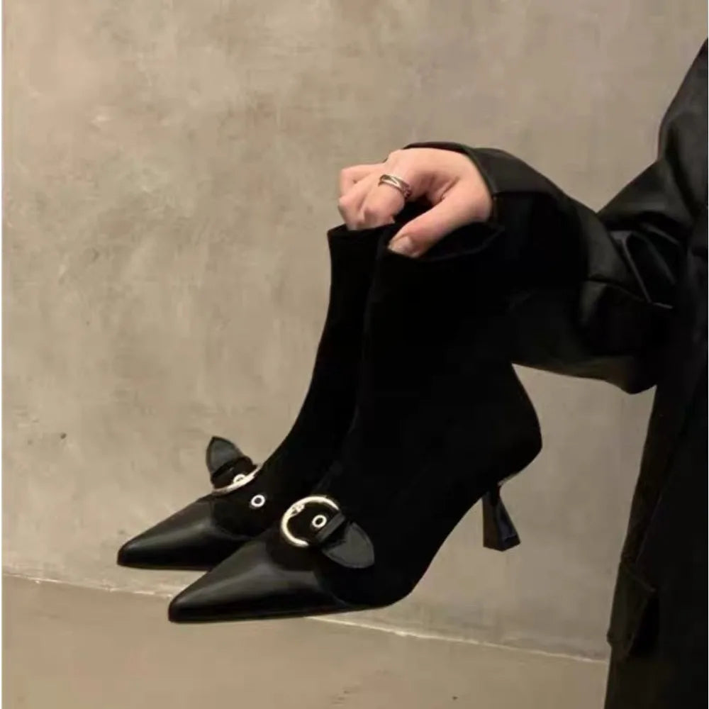 Design Belt Buckle Ankle Boot Pointed Toe Zipper Thin Low Heel