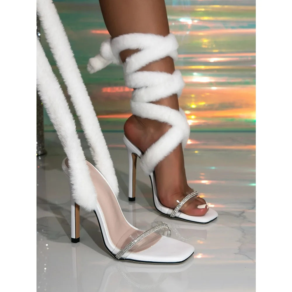 Design Crystal Corduroy Ankle Cross-strap Sandals Thin High Heel