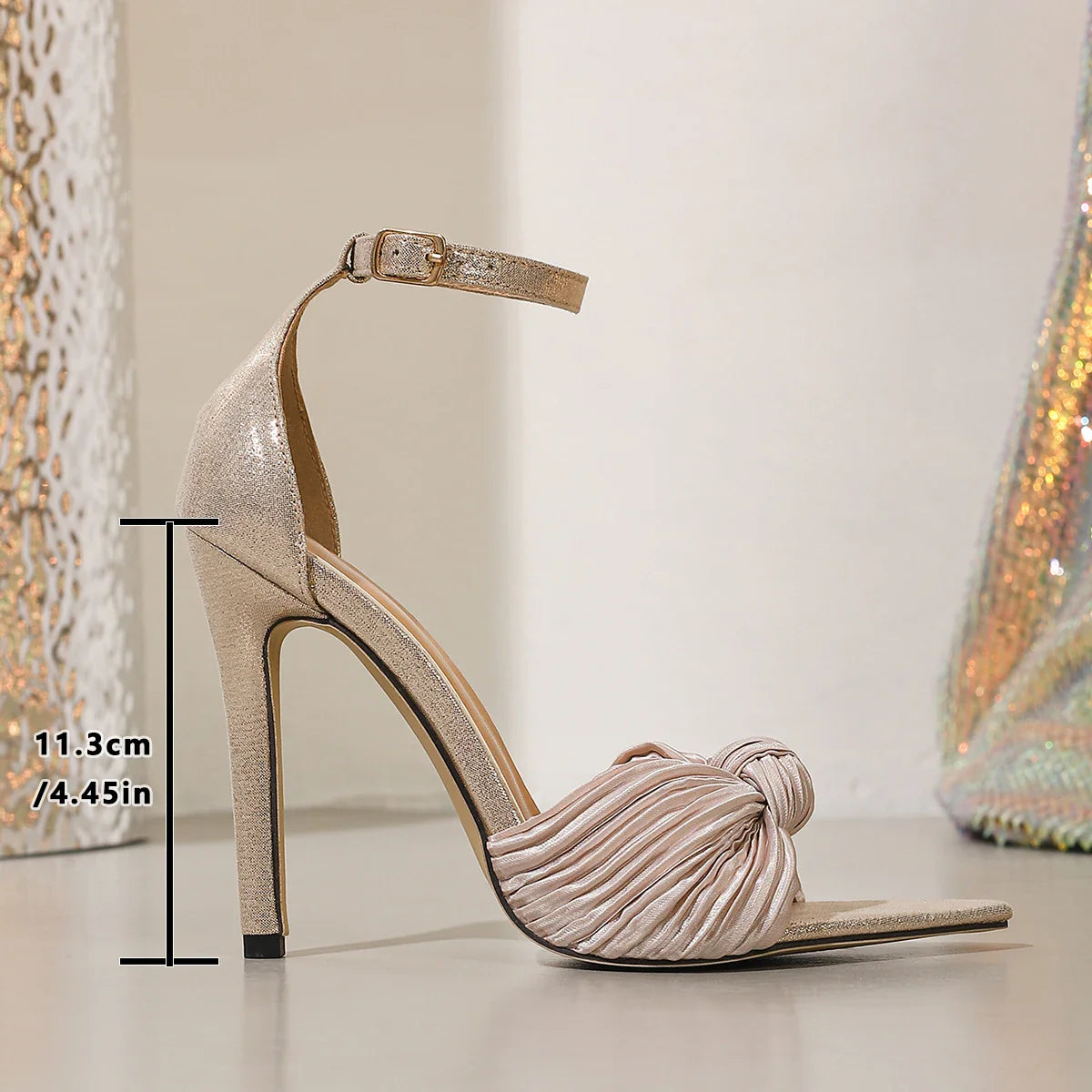 Design Knot Pleated Silk Stiletto Sandals Elegant Pointed Open Toe Pink High Heel
